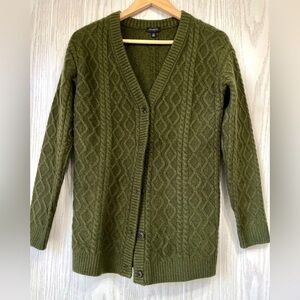 Talbots Cardigan Sweater Womens Small Green Wool Alpaca Blend Cable Knit V Neck